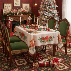 Christmas Rectangular Tablecloth Polyester Festive House Floral Pattern Dustproof Table Cover For Dining Room Holiday Party Decor