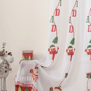 White sheer Christmas curtain with Santa Claus and festive embroidery for home decor