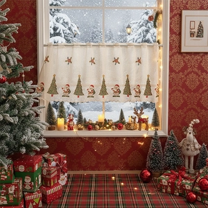 Christmas Embroidered Lace Cafe Curtain Santa Claus Tree Pattern Short Window Tier For Kitchen Living Room Home Decor