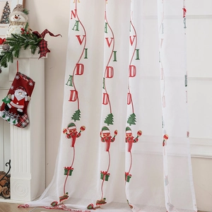 Christmas sheer white curtains with Santa and tree embroidery for festive holiday home decor