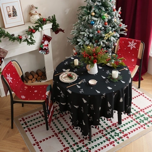 Black round Christmas tablecloth with white elk and snowflake prints and black tassels