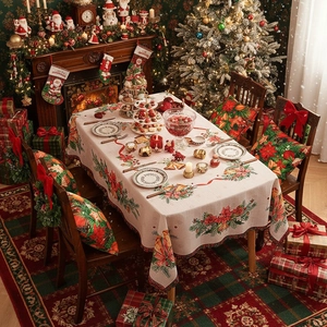 Christmas rectangular tablecloth with poinsettia pine and bells design for festive decor
