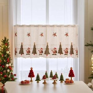Christmas lace cafe curtain with festive Santa Claus and tree embroidery for kitchen decor