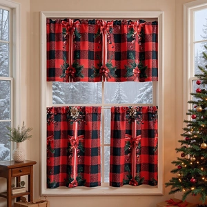 Christmas buffalo plaid curtain set with red bows and pine needles for small windows