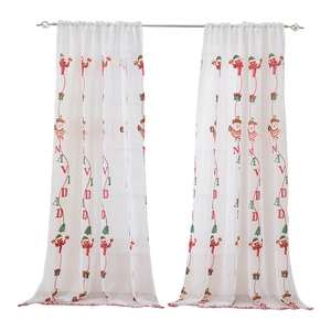 White semi-transparent Christmas sheer curtains featuring festive Santa and Navidad prints