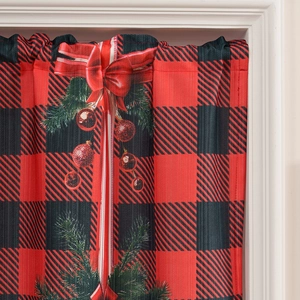 Christmas buffalo plaid cafe curtains with red bow and pine needle holiday pattern