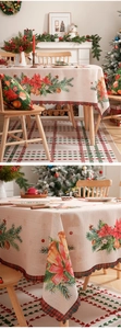 Close-up of Christmas tablecloth with poinsettia print and red-black checkered edge details