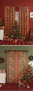 Detail showing red and green tartan Christmas curtains with festive wreaths and holiday decor