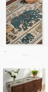 Detail of jacquard table runner with elephant patterns and textured weave material