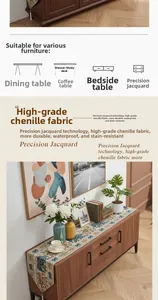 Detail of blue chenille table runner featuring jacquard floral patterns and luxury tassels