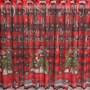 Christmas buffalo plaid curtain with red truck and silver glitter Merry Christmas text