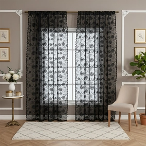 Elegant pair of black floral lace sheer curtains with scalloped edges for bedroom and balcony