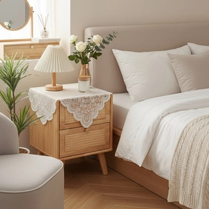 Elegant white lace dust cover cloth with floral embroidery for bedside table and furniture