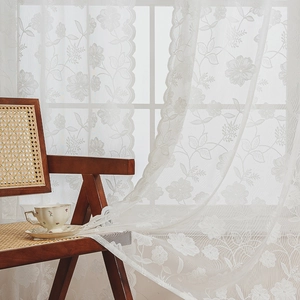 Elegant white lace curtain with floral embroidery and wavy edges for bedroom