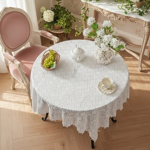 French vintage white round lace tablecloth with floral hollow embroidery for home decor