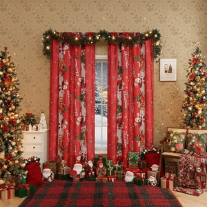 Christmas Santa Claus curtains in vibrant red with festive holiday trees and gifts