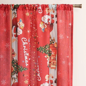 Christmas curtains featuring Santa Claus and tree patterns on red festive polyester fabric