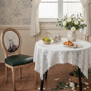 French vintage white lace tablecloth with delicate crochet hollow design for round tables