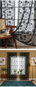 Detail of black floral lace curtain with embroidered petals and scalloped wave edges
