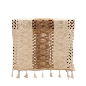 Bohemian hand-woven table runner with fringe tassels and dark brown striped pattern