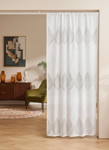 Close-up of white lace curtain fabric featuring elegant grey leaf vein patterns