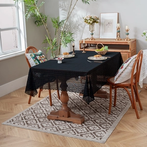 Vintage black cotton linen tablecloth with hollow geometric patterns for rectangular tables