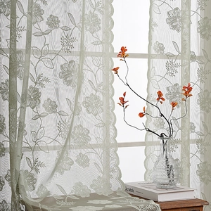 Elegant white French lace sheer curtains with floral embroidery and scalloped edges