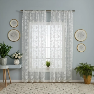 Elegant white floral embroidered lace curtains with scalloped edges for living room