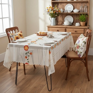 Pastoral Rectangular Tablecloth Floral Embroidery Lace Hollow Out Polyester Dust Proof Cover For Dining Room Home Decor