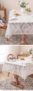 Detail view of retro beige lace tablecloth with elegant floral patterns and wavy edges