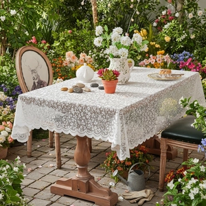 American White Hollow Lace Tablecloth Elegant Snow Point Floral Jacquard Dustproof Table Cover For Dining Room Living Room