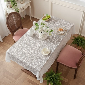 French country style white floral lace tablecloth with elegant scalloped edges for dining room