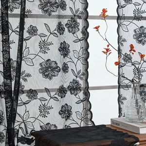 Elegant black floral lace sheer curtains with scalloped edges for home window decoration