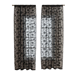 Elegant black floral lace curtains with scalloped edges and rod pocket semi-sheer design