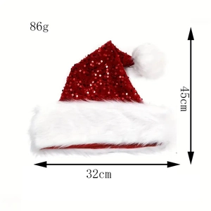 Classic red sequin Christmas hat with white plush trim and pompom measuring 45x32cm