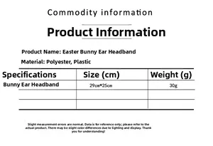 Tableau des tailles du bandeau oreilles de lapin de Pâques avec dimensions 29cm x 25cm et poids