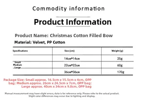 Detailed size guide for Christmas red velvet padded bows in small medium and large sizes