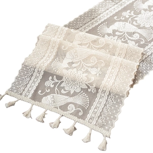 Lace table runner with flower and peacock embroidery, cream fringe decor for home