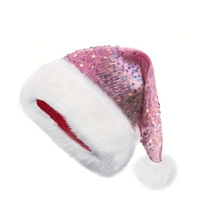 Detail of pink sequin Christmas hat with soft white faux fur trim and fluffy pompom