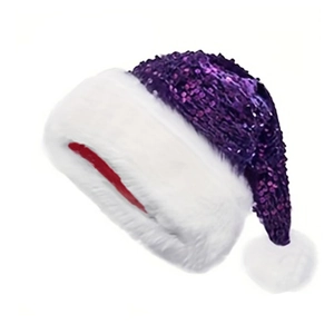 Detailed shot of purple sequin Christmas hat with soft white plush trim and fuzzy pompom