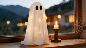 Macro detail of a glowing Halloween ghost lamp with warm LED lights on a wooden windowsill