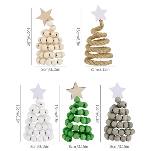 Detailed view showing set of five wooden bead Christmas trees in various colors with dimensions