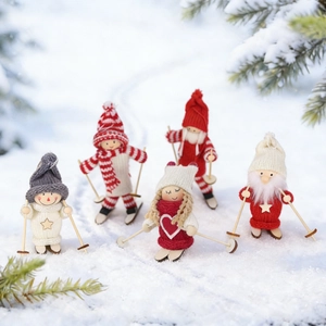 Wooden Skiing Doll Christmas Tree Ornaments Knitted Woolen Doll Pendants With Skis And Poles Xmas Decor For Home Gift