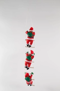 Detailed view of three Santa Claus plush dolls climbing on a white rope ladder decor