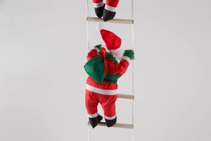 Detail of 25cm Santa Claus climbing rope ladder with green gift bag and rustic wooden rungs