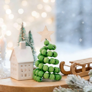 Minimalist wooden bead Christmas tree desktop ornament with star topper and festive decor