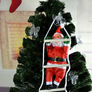Detail of 25cm Santa Claus climbing a white rope ladder on a green Christmas tree