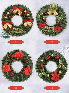 Detailed grid of four 40cm Christmas wreaths with red bows, gold bells and poinsettia flowers