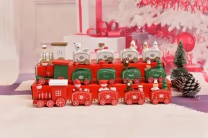 Detailed view of wooden Christmas train set with festive snowman and bear figurines