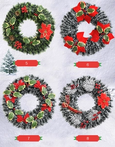 Detail of four 40cm Christmas wreaths with red flowers, pine cones and berry decorations